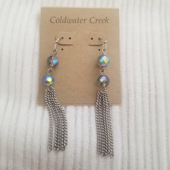 NWT Coldwater Creek Crystalline Fringe Earrings Silver Tone Beads Chains - Picture 1 of 3